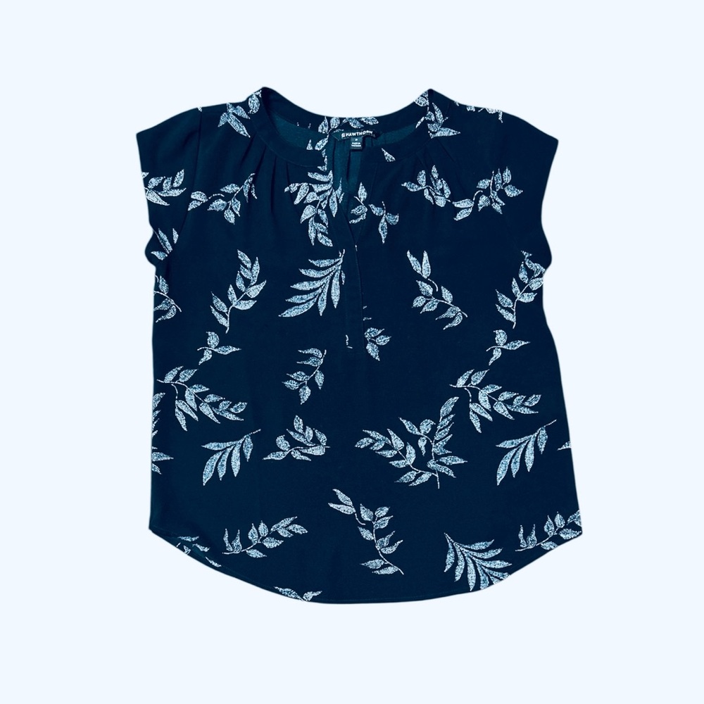 Dark Blue Leaf Print Top